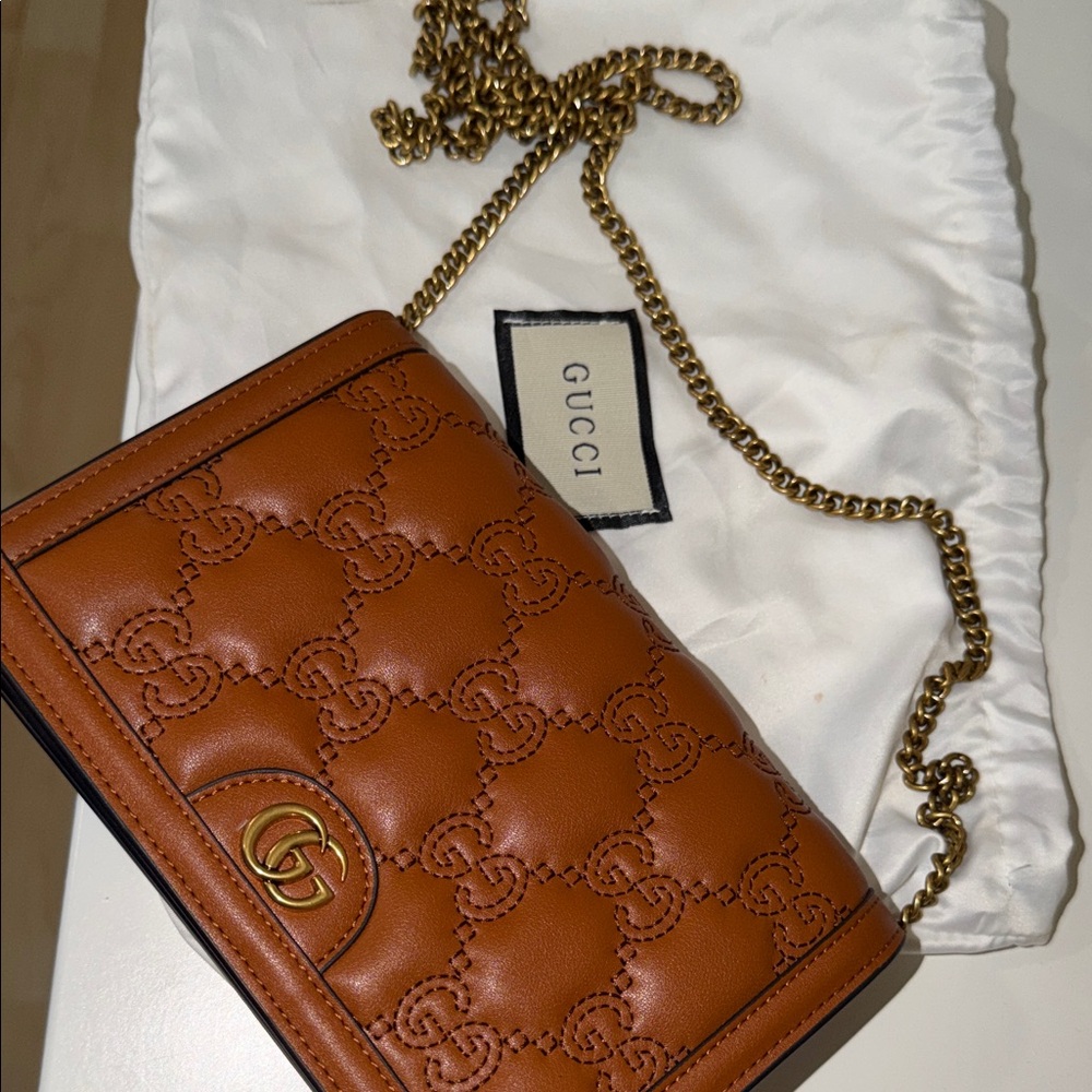 Gucci Tan Leather Crossbody with Gold Chain